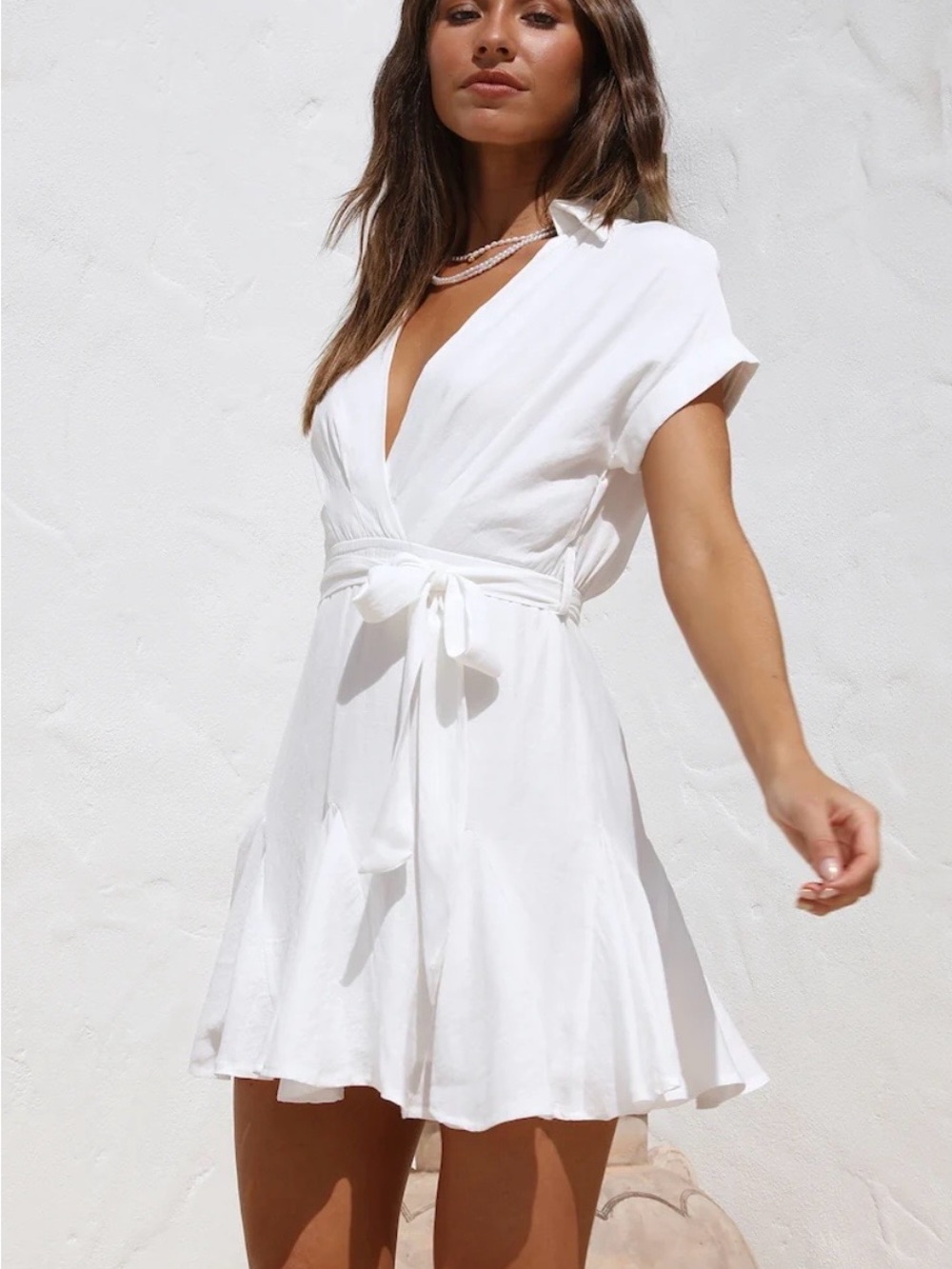 Tie-Waist White Mini Dress with V-Neck